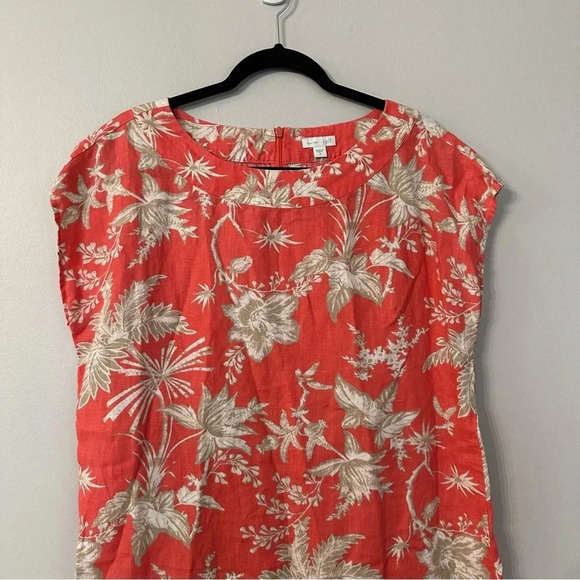 J. Jill Women's 100% Linen Floral Shift Dress in Coral with Cap Sleeves Sz M GUC - Picture 3 of 9